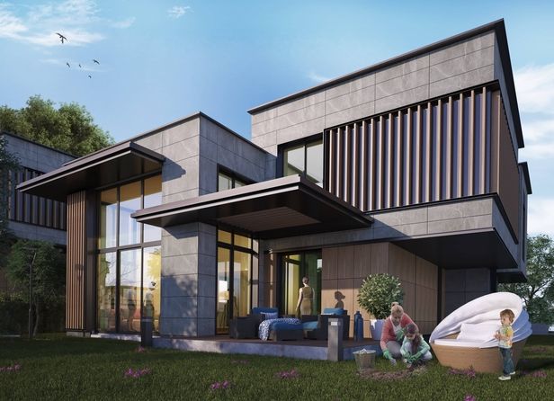 Moderne zweistöckige Villa mit grauer Fassade und einer Familie, die im Garten arbeitet